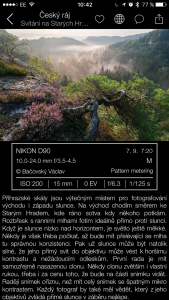 Náhled obrazovky přímo v prostředí aplikace Fripito. Nejprve si můžete prohlédnout fotografii v plné kráse, jednoduchým gestem si zobrazíte exif data a tipy, jak takovou fotografii vyfotit. Snímek má samozřejmě GPS souřadnice, jednoduše si jej zobrazíte na mapě.